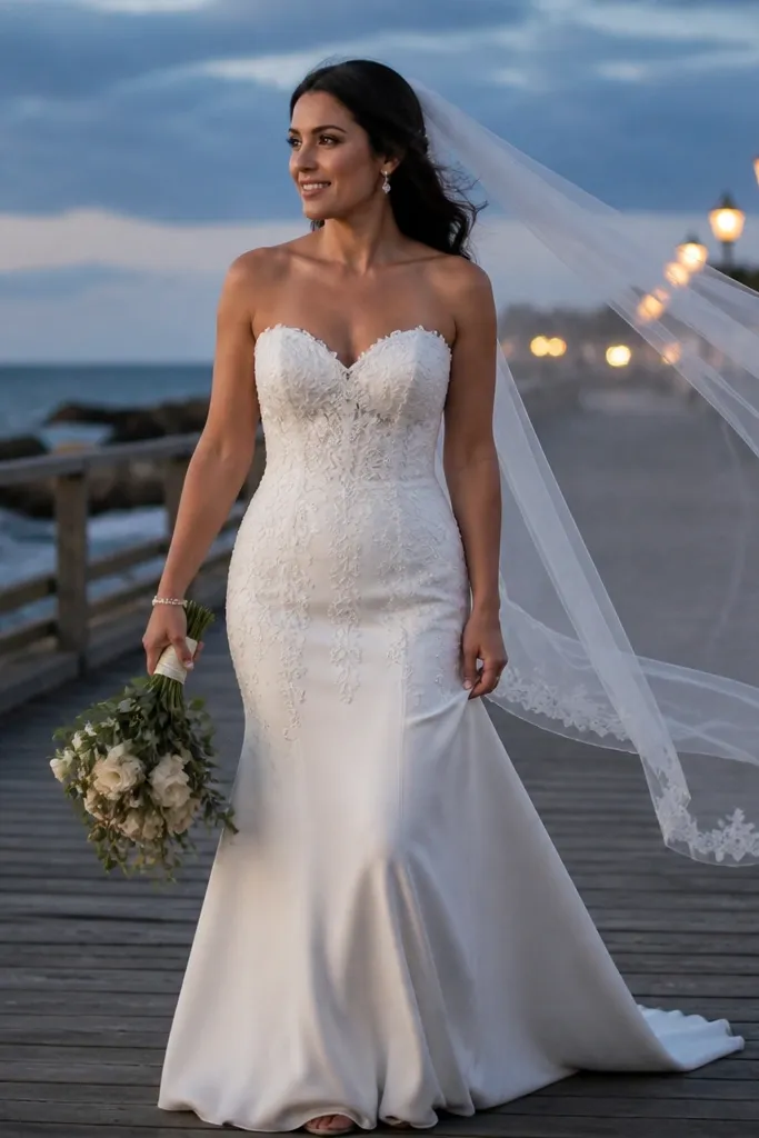 Ivory fit-and-flare wedding dress with sweetheart neckline, eyelash lace trim, and a soft flare skirt