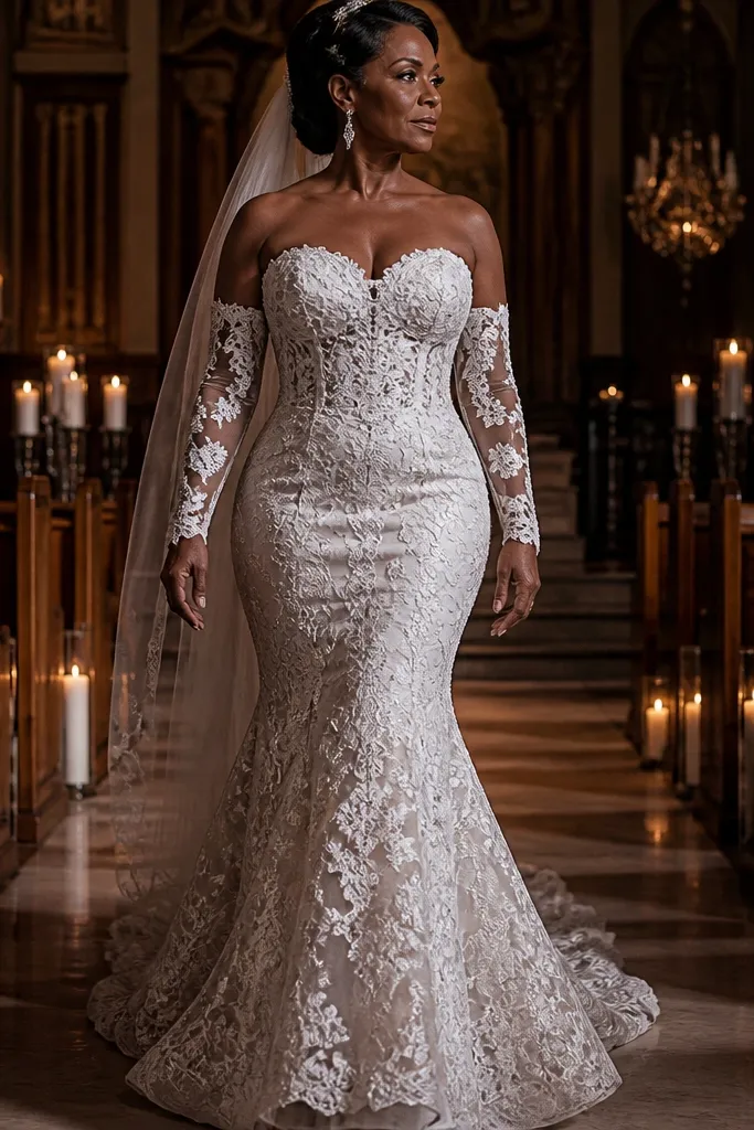 Ivory corset mermaid wedding dress with raised lace motifs along the sides and sheer lace panel details