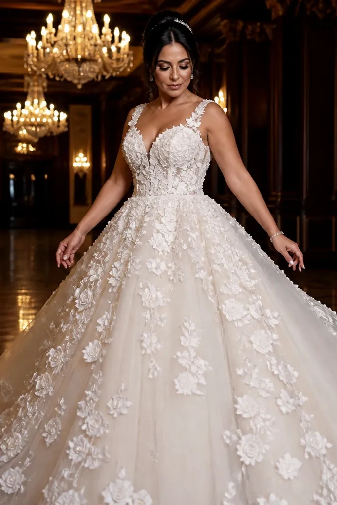 Ivory ballgown wedding dress with rosette appliques over tulle and a full romantic skirt