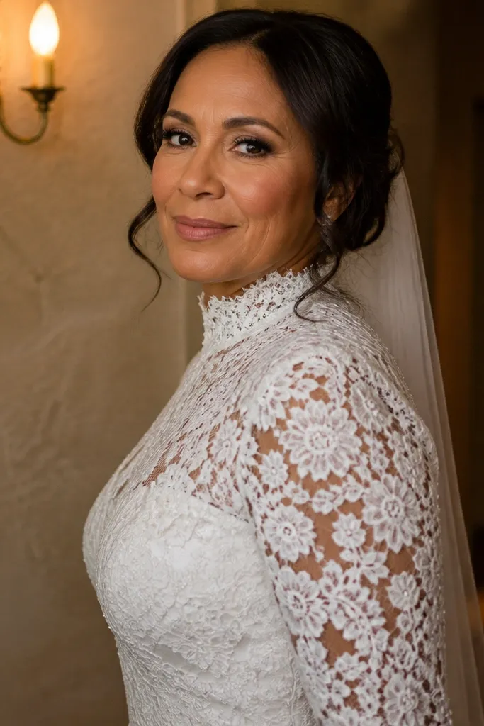 Ivory long-sleeve wedding dress with lace mock neck and satin lining under the lace