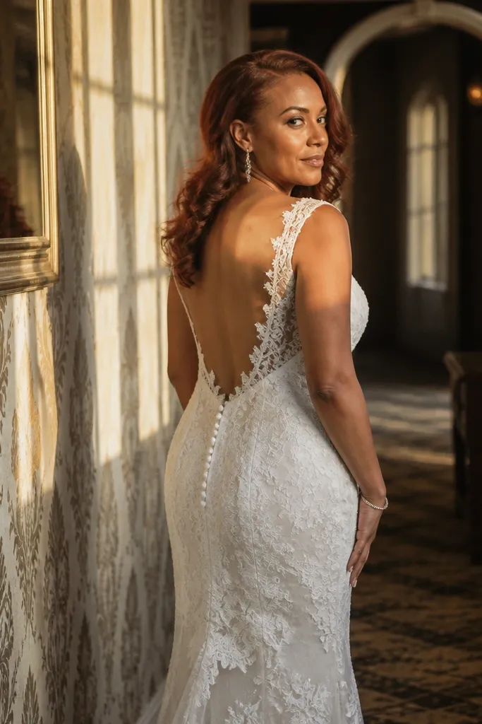 Ivory lace column wedding dress with eyelash lace texture and low-back illusion panel