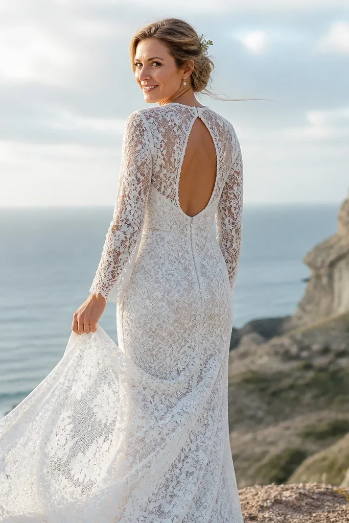 Ivory lace sheath wedding dress with all-over Chantilly lace and a small keyhole back