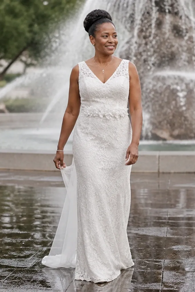 Ivory V-neck lace column wedding dress with floral appliqué belt at the waist
