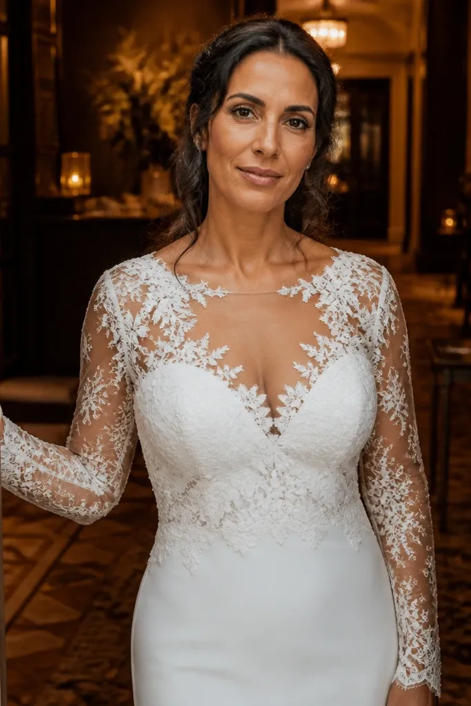 Ivory wedding dress with sheer lace sleeves and a floral lace border around the bodice
