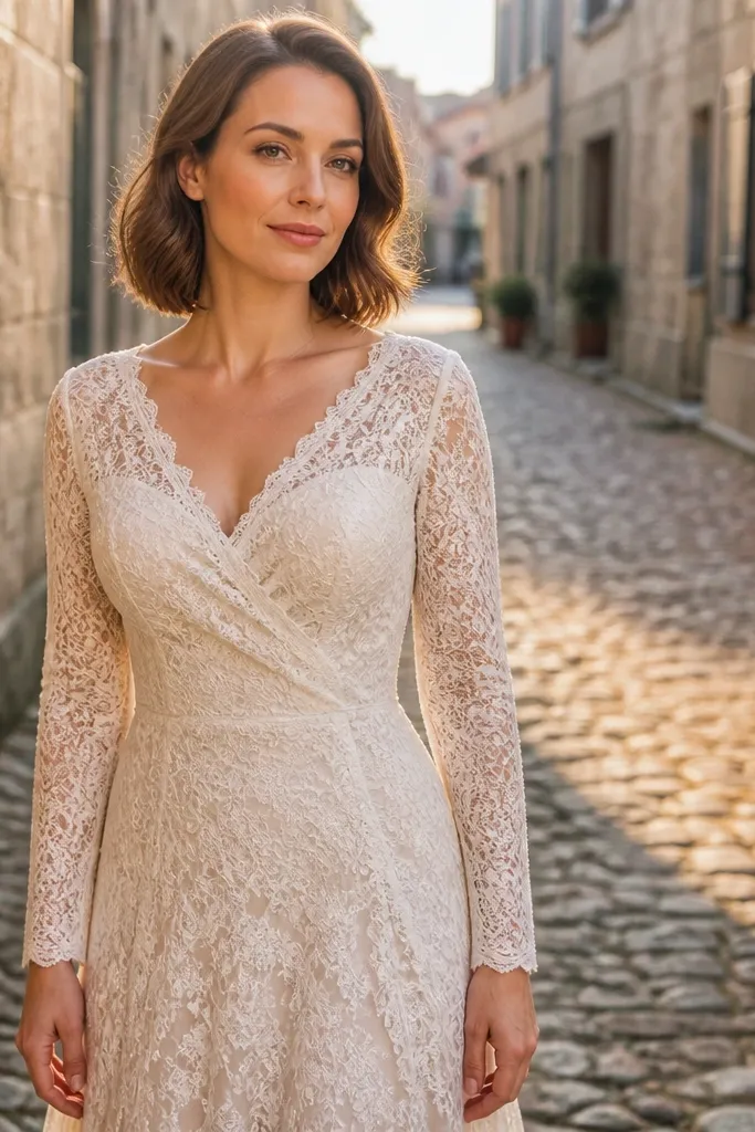 Ivory A-line wedding dress with wrap-style lace bodice and soft layered skirt