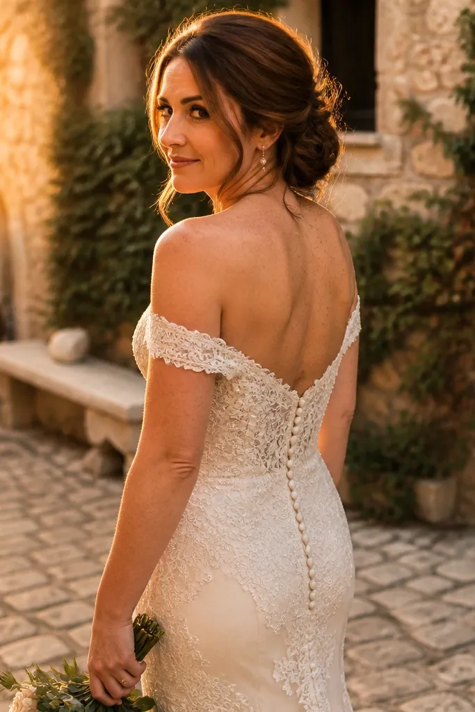 Ivory off-the-shoulder lace sheath wedding dress with a buttoned back