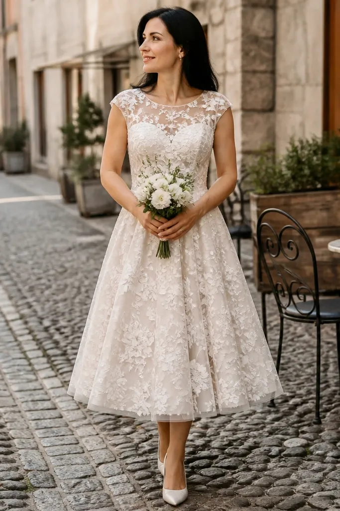 Ivory tea-length wedding dress with floral lace overlay and illusion neckline