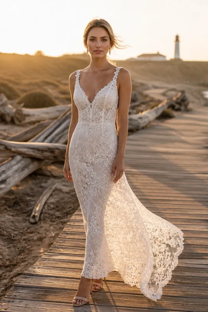 Ivory lace slip wedding dress with lace straps and a short train