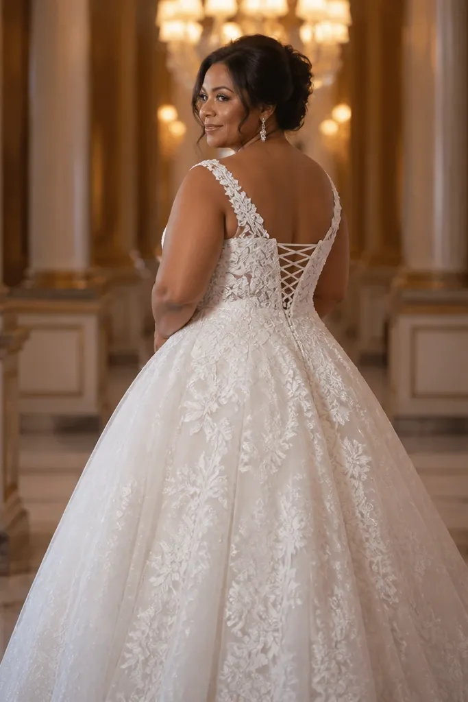Ivory lace ballgown with a corset back and floral appliqué details