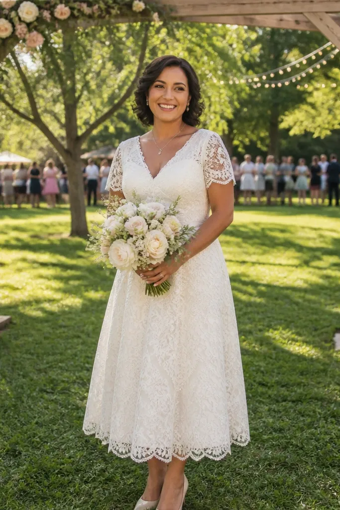 Ivory tea-length wedding dress with scalloped lace sleeves and lace overlay bodice