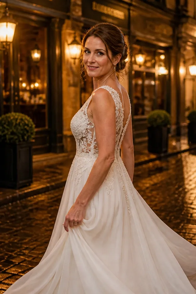 Ivory V-neck wedding dress with illusion side panels and gathered lace skirt