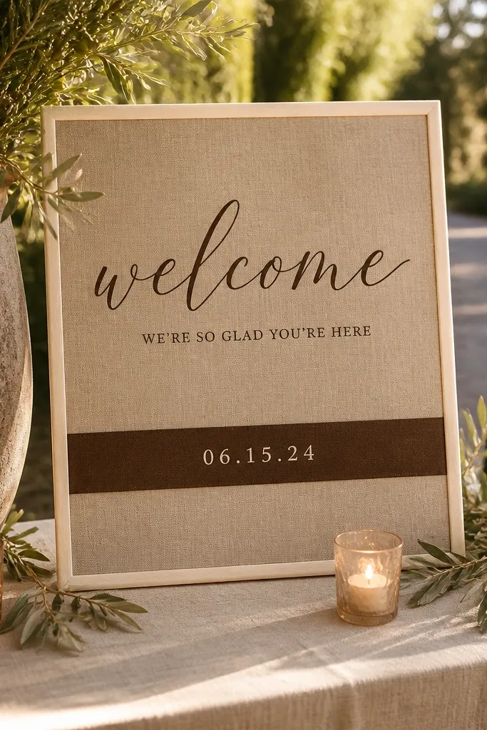 Ecru linen welcome sign with dark espresso script and a thick band for the date