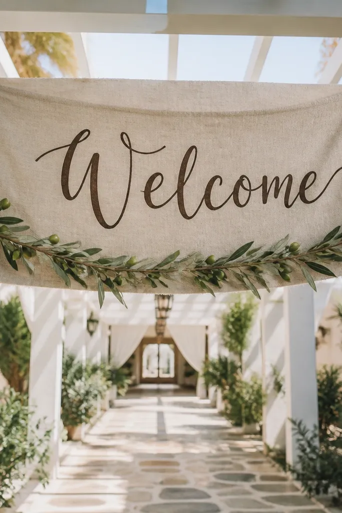 Natural linen banner with hand-lettered welcome and small olive sprigs across the top