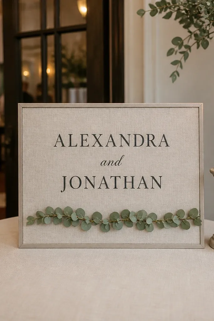 Linen sign with serif names and one thin eucalyptus line separating text