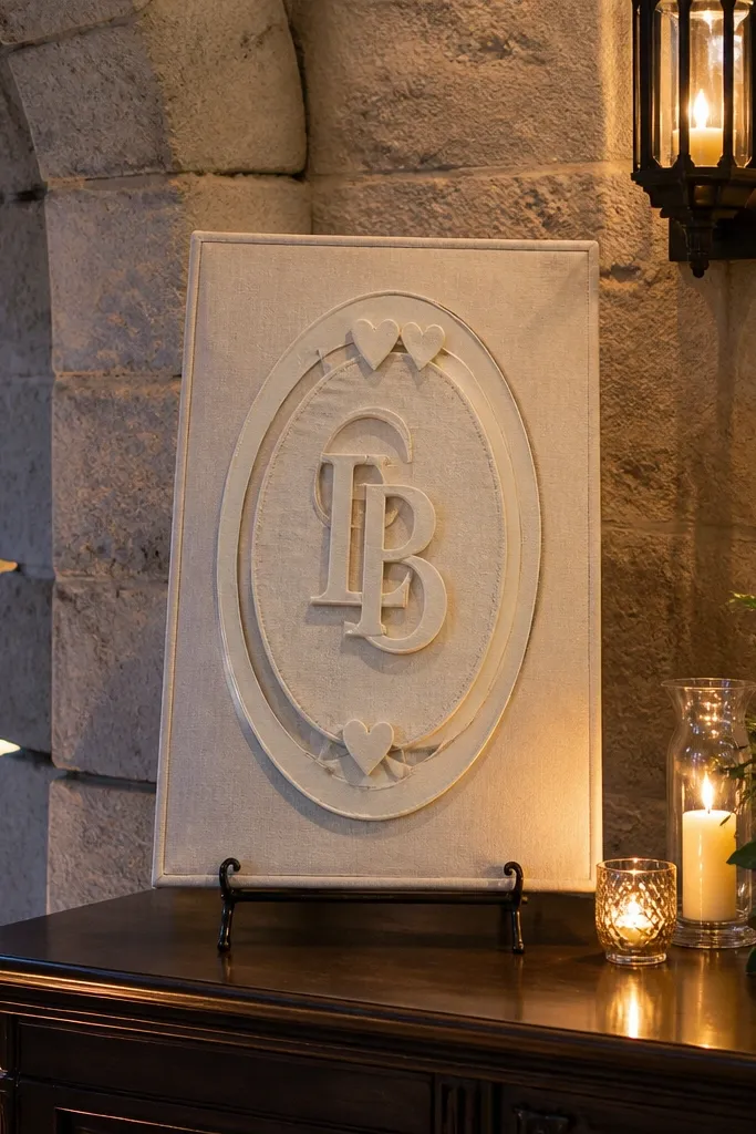 Linen sign with an oval crest frame and small monogram hearts