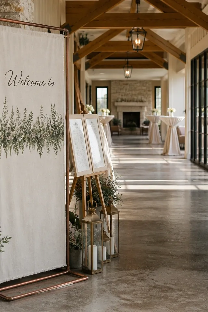 Sand linen sign with vertical welcome text and a wide greenery strip across the middle