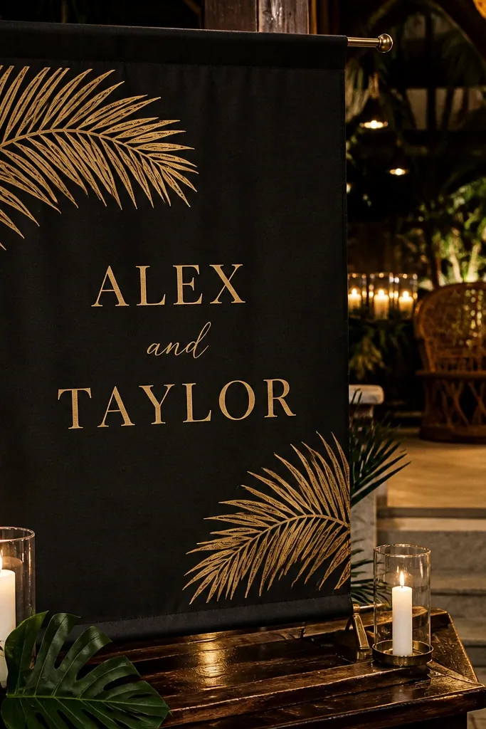 Black linen welcome sign with gold names and small palm frond accents