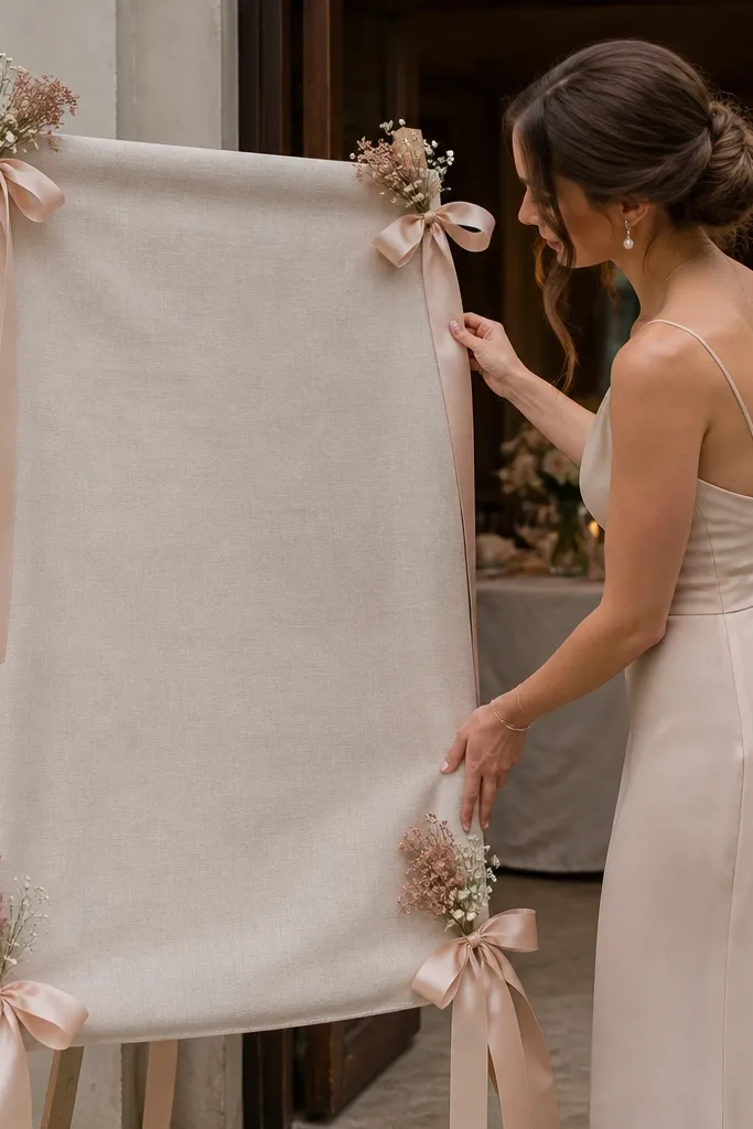 Champagne linen sign with blush ribbon ties at corners and tiny floral sprigs