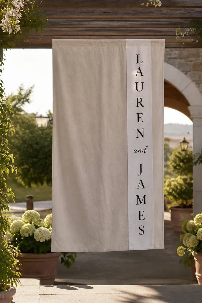 Linen sign draped on a wooden dowel with a vertical name strip