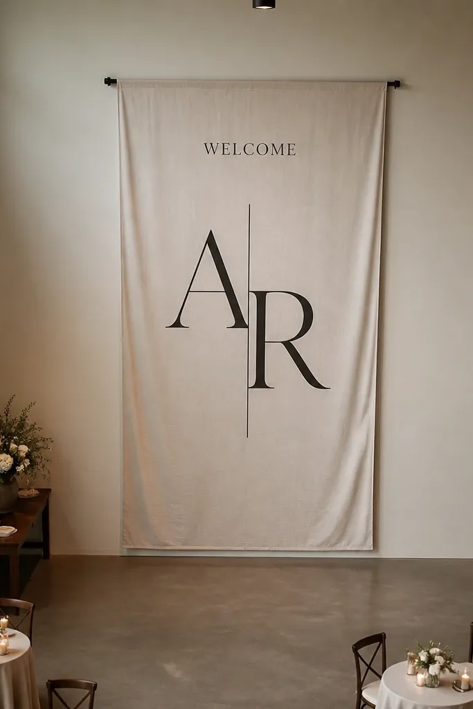 Ecru linen sign with a large monogram centered and small welcome text above