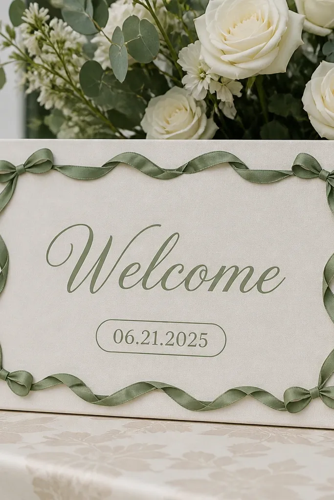 Linen welcome sign with sage ribbon border and a small capsule for the date