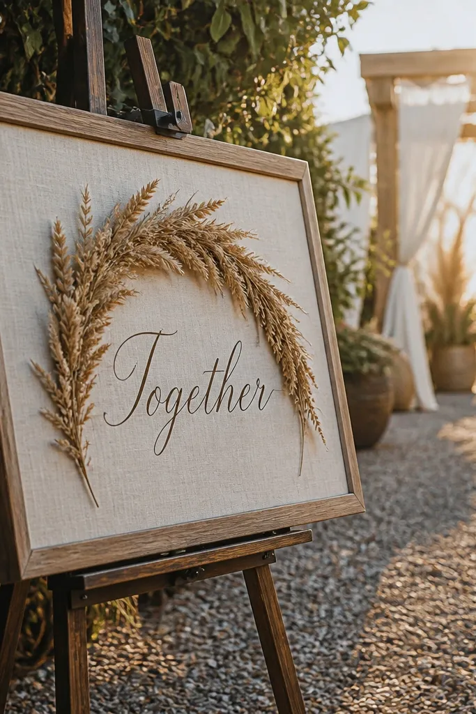 Linen sign with a curved pampas plume layout and script word together