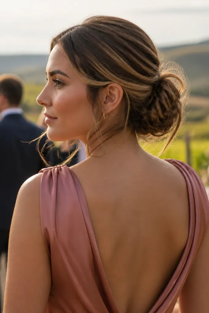 Low bun with intentional loose strands but a secure, shaped base.