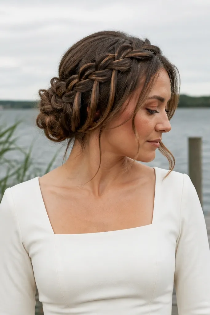 Low bun with a waterfall braid line flowing into the bun at the back.