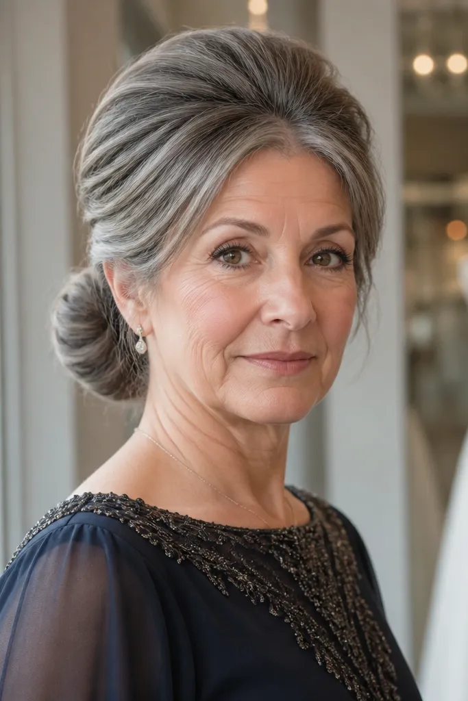 Low bun with a softly structured crown and sleek finish with no visible flyaways.