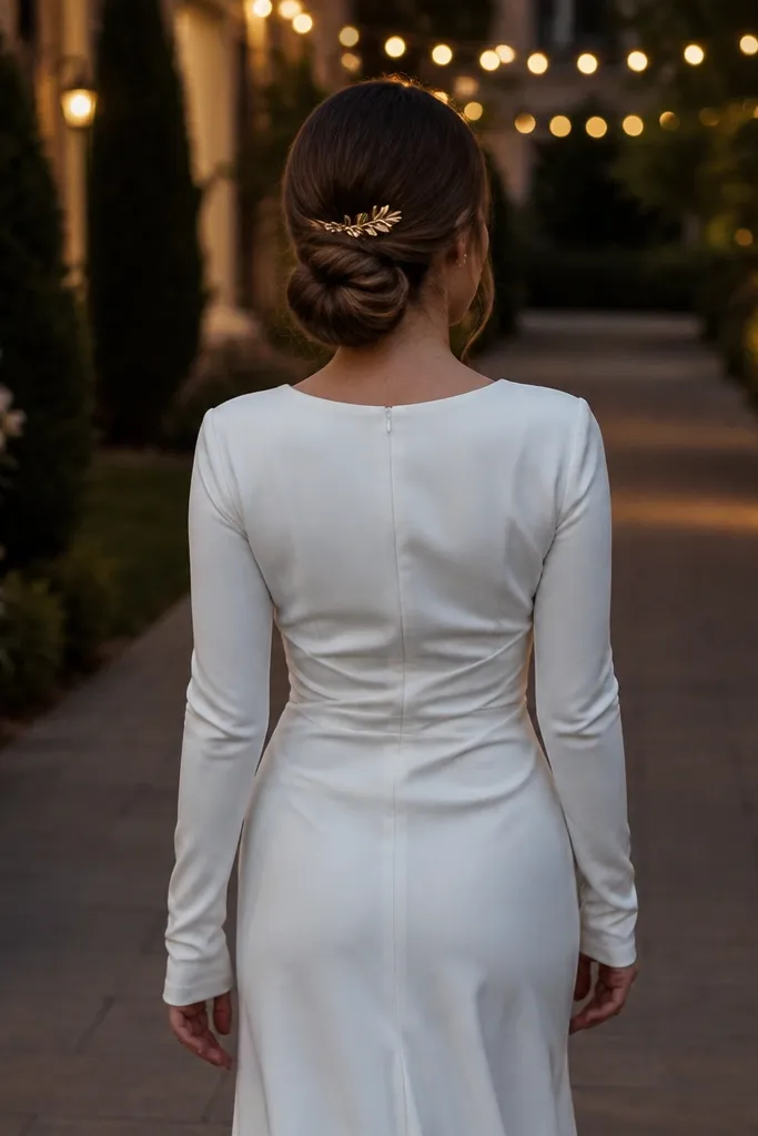 Low bun with a side twist and a decorative hair clip near the bun.