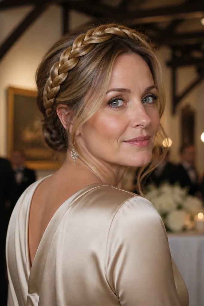 Low bun with a braided loop around the top and a neat halo effect.