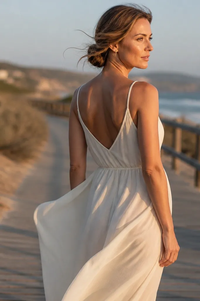 Low bun built from feathered waves with soft, airy texture around it.