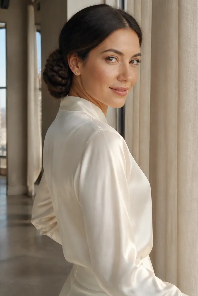 Chignon bun wrapped with a braid trail for a braided texture finish.