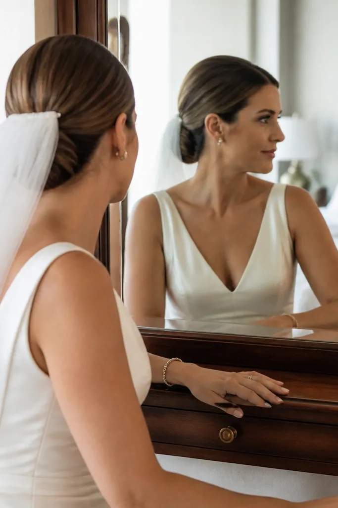Low bun with clean sides and a stable base designed for a veil comb.