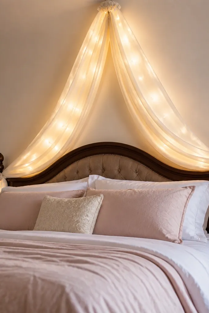 White satin ribbon canopy over a bed with warm string lights and gold details