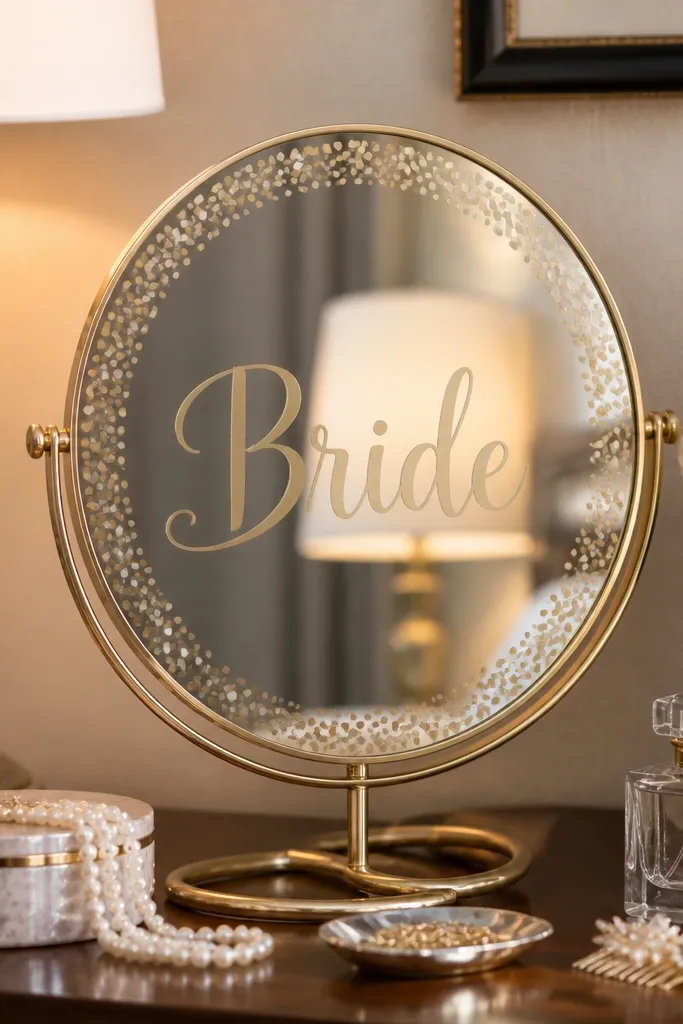 Gold mirror with confetti-style sign on a dresser next to champagne flutes