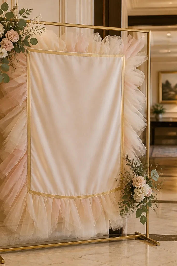 White tulle welcome banner hanging on a freestanding frame with gold ribbon