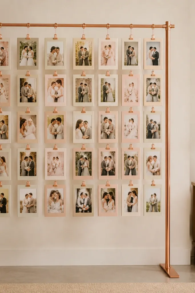 Rose-gold clip line with small strips and pink accents on a wall