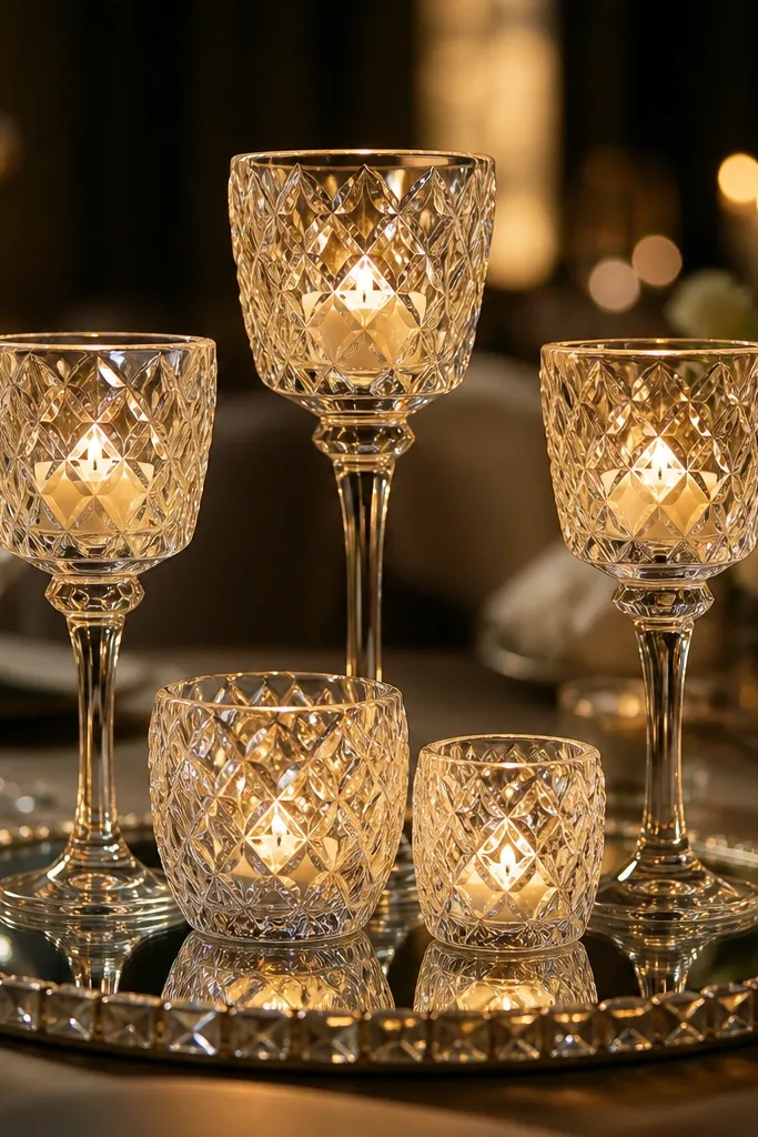 Mirrored tray with crystal candle holders and gold accents on a side table