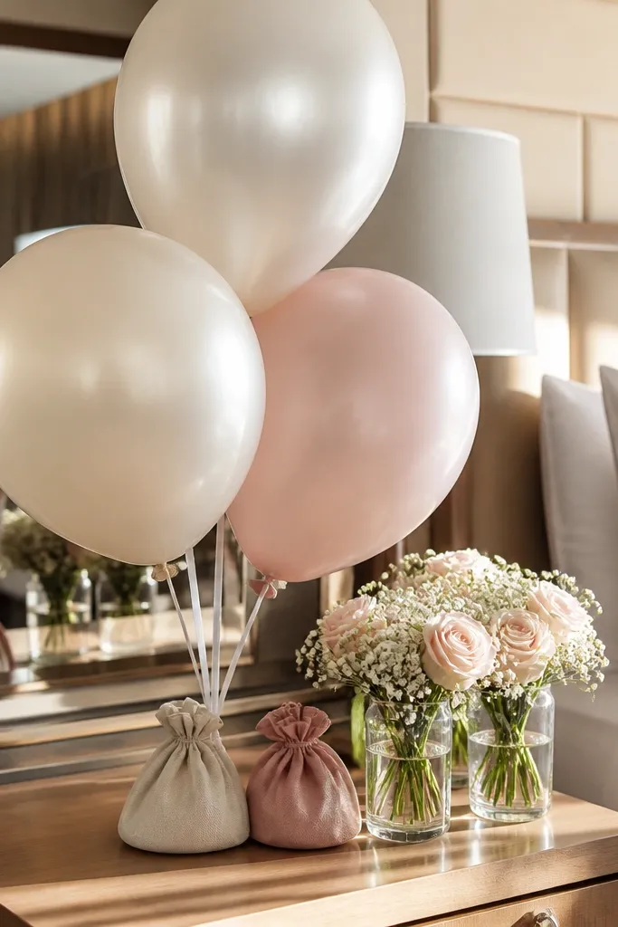 Balloons tied to linen weights with mini bouquet vases on a dresser