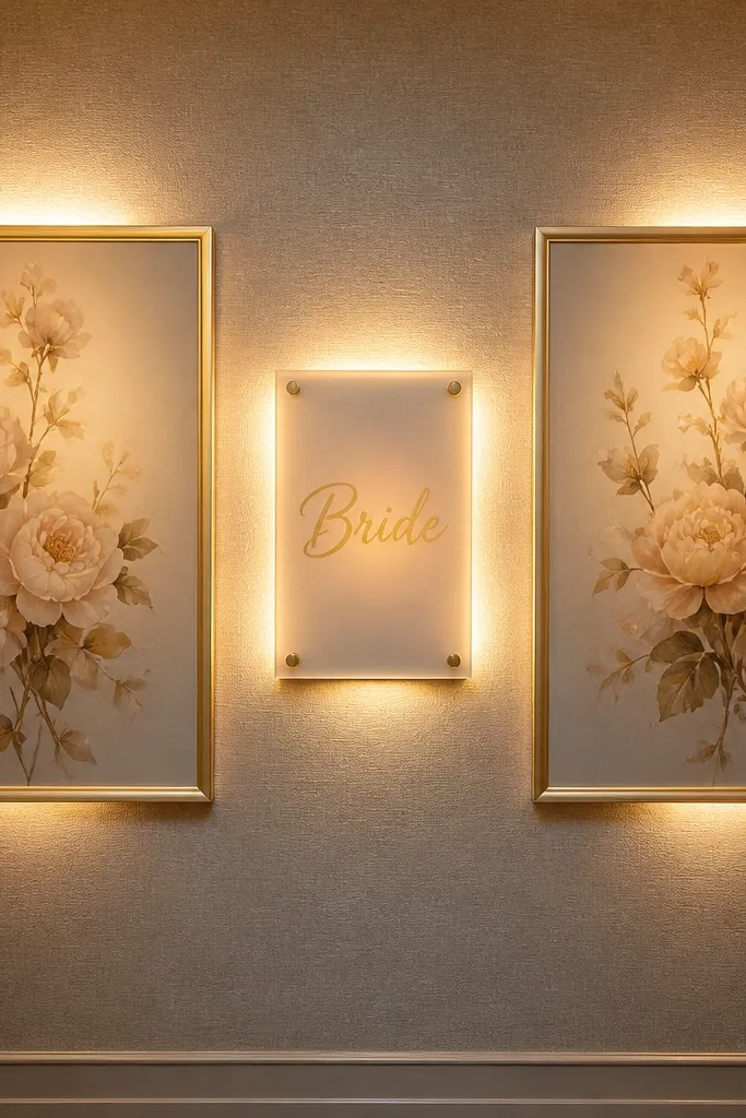 Gold picture frames on wall with warm sconces and a champagne theme sign