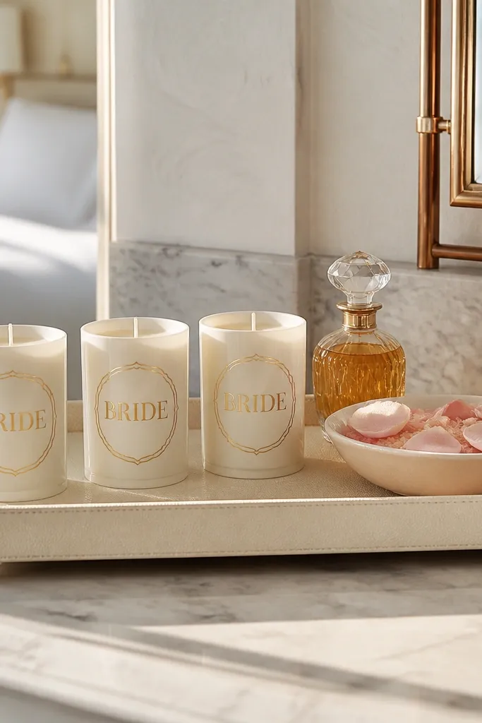 Decorative tray with monogram candles, perfume bottle, and rose-gold accents