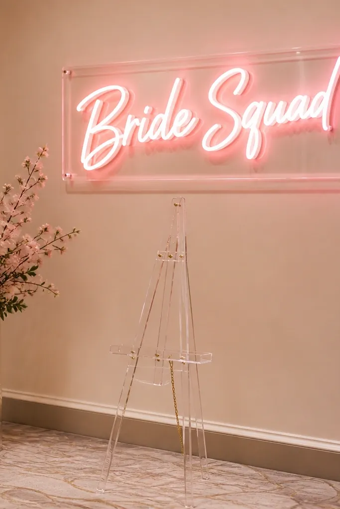Acrylic sign with neon-style edges and a clean backdrop for group photos