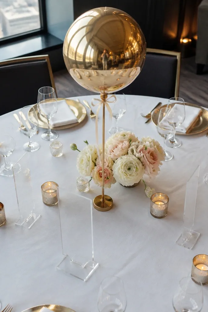 Gold foil balloon centerpiece with floating table number cards on a round table