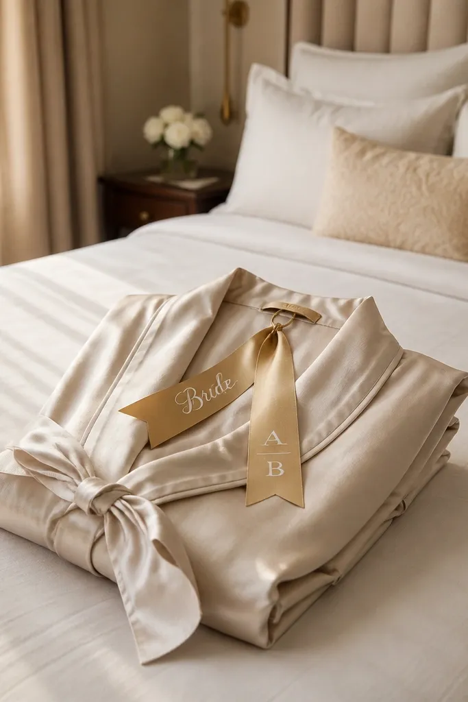 Folded satin robes on a bed with ribbon hang tags and gold accents