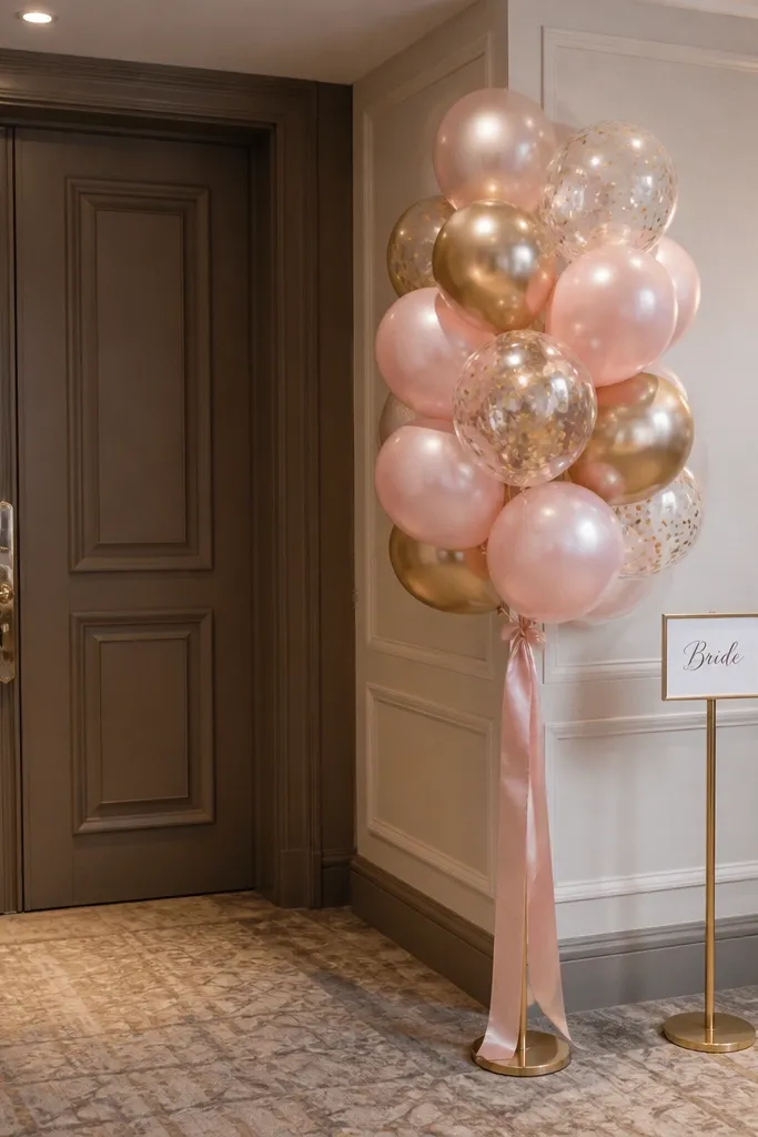 Champagne and blush balloon cluster by the doorway with a small bride sign