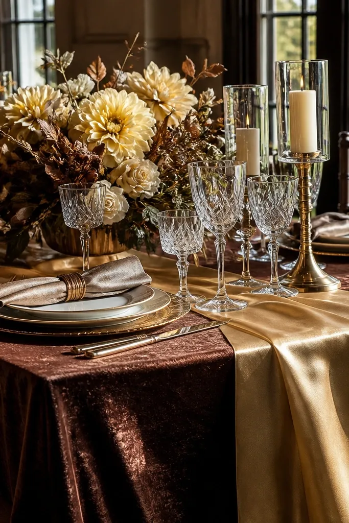 Honey champagne satin dress with cocoa velvet jacket and small gold accents