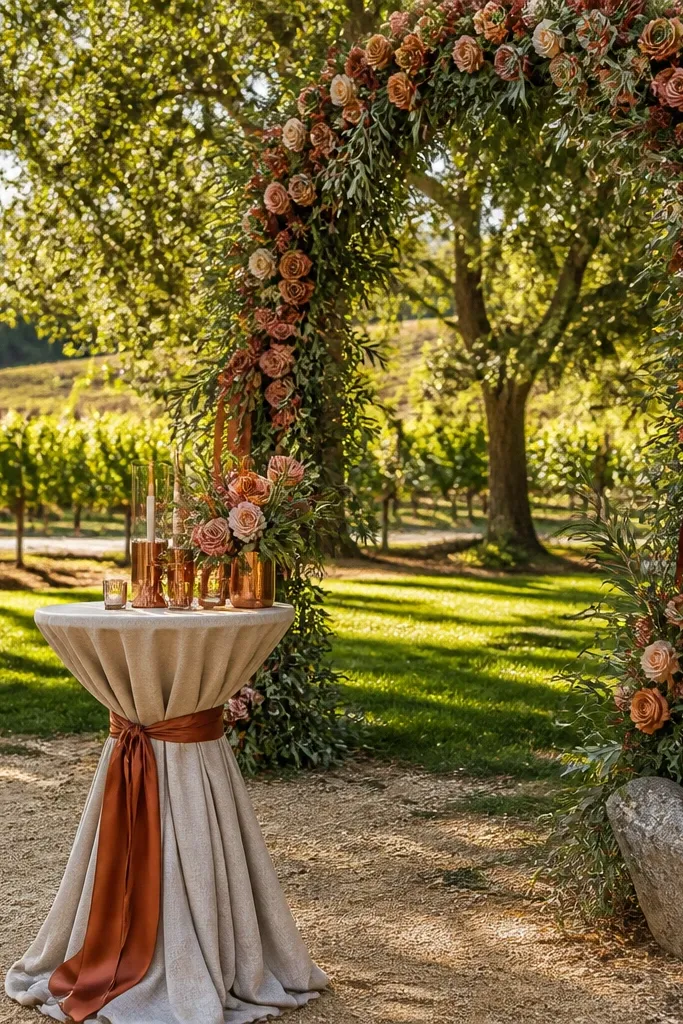 Copper rose bridesmaid dresses with olive sage greenery and ecru candles