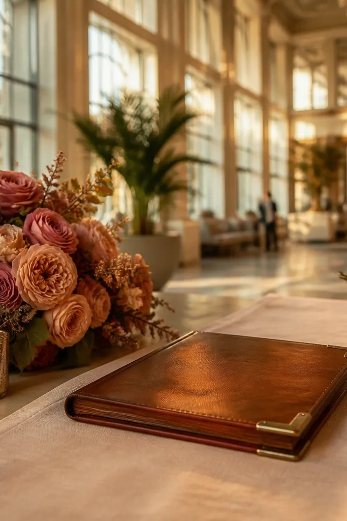 Dusty rose bouquet with cognac leather belt details and warm white linen