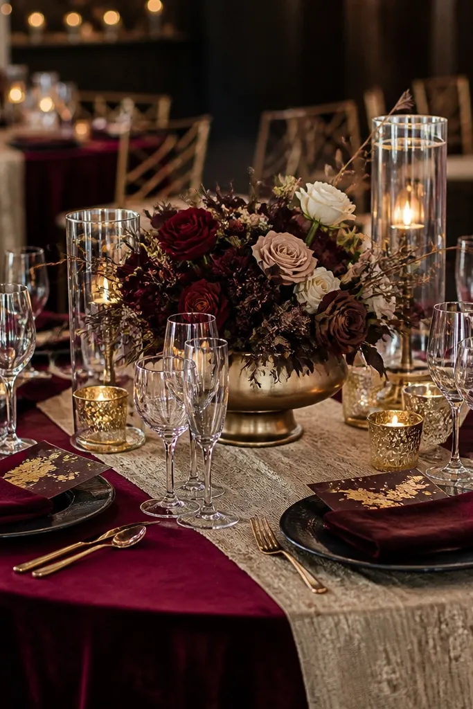 Burgundy bouquet with gold leaf candles and oatmeal-toned table runner